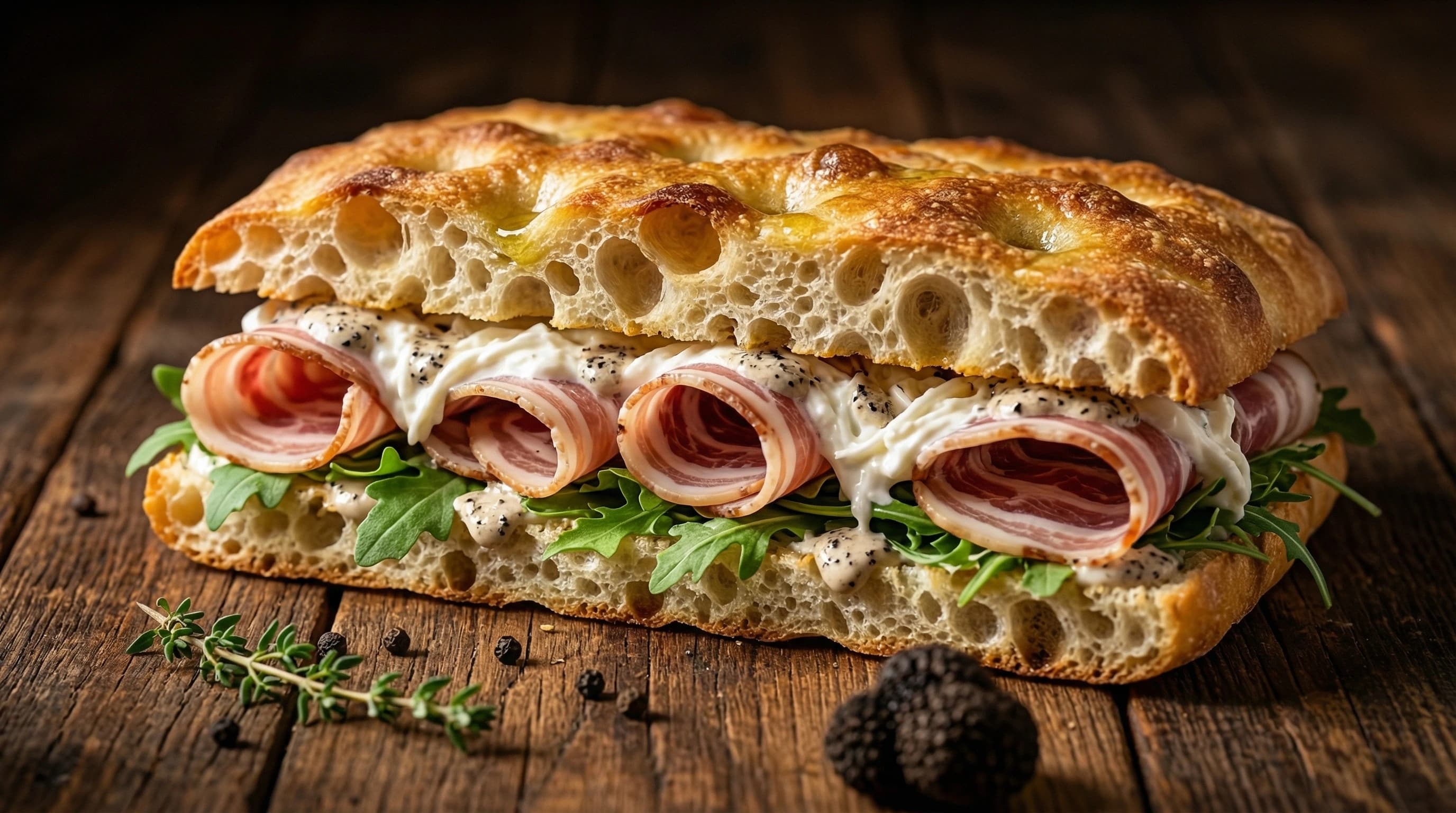 Porca Zozza — Porchetta, Cacio-e-pepe-Creme, knusprige Zwiebeln und Grana, auf römischer Focaccia