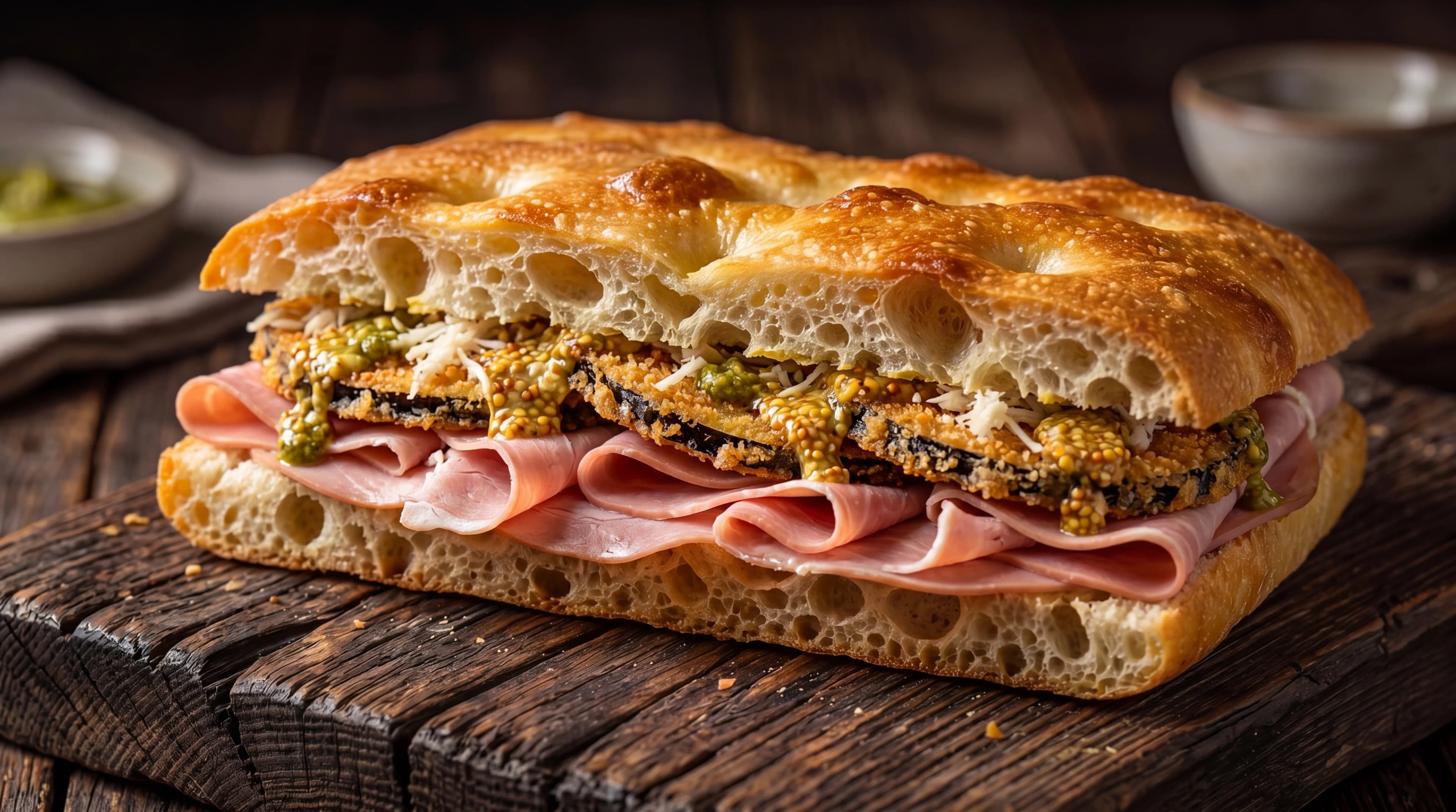 Variante TS — Kochschinken, panierte gebratene Aubergine, Senf und frischer Kren, auf römischer Focaccia